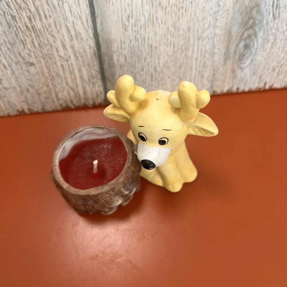 Reindeer Ceramic Candle Holder‎ With Red Accent Christmas Holiday Decor Vintage